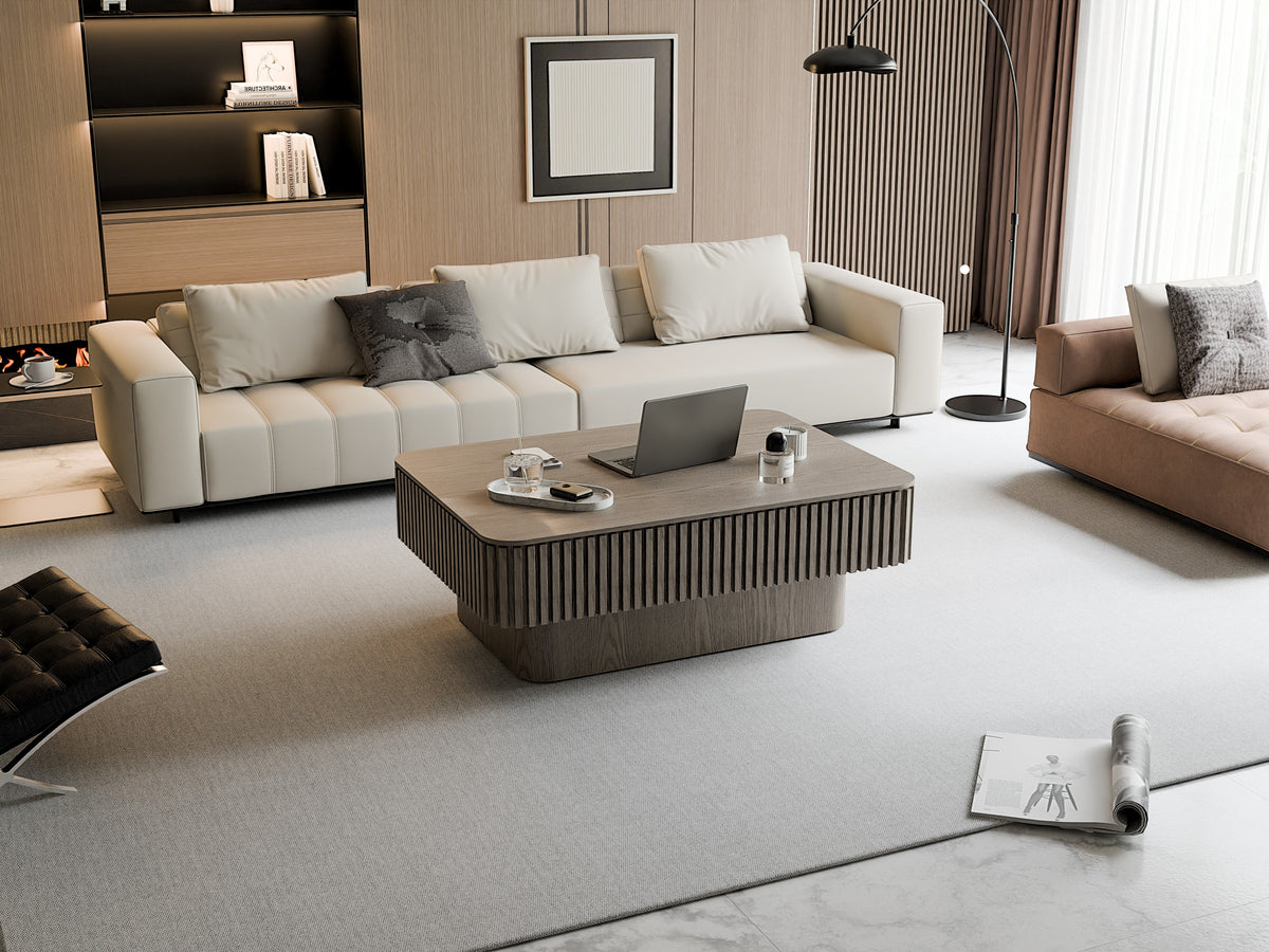 Fluted Lift-top Coffee Table Solid Wood Veneered Modern Coffee Table Accent Tea Table with Storage and Adjustable Height for Living Room, Bedroom, Apartment or Office - Sonkuki