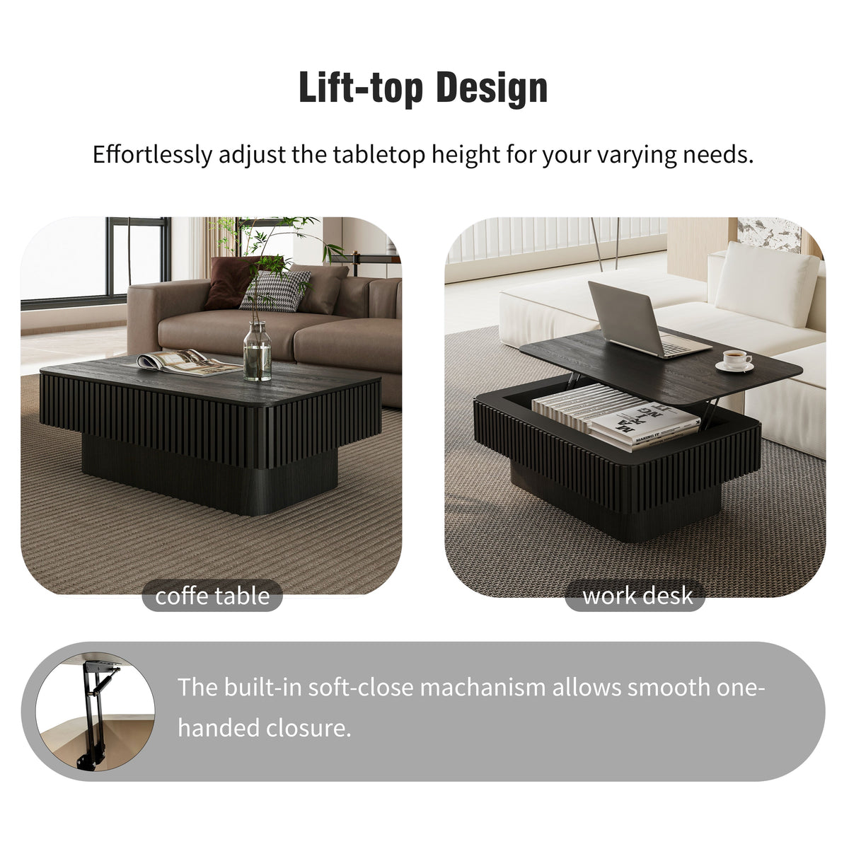 Fluted Lift-top Coffee Table Solid Wood Veneered Modern Coffee Table Accent Tea Table with Storage and Adjustable Height for Living Room, Bedroom, Apartment or Office - Sonkuki