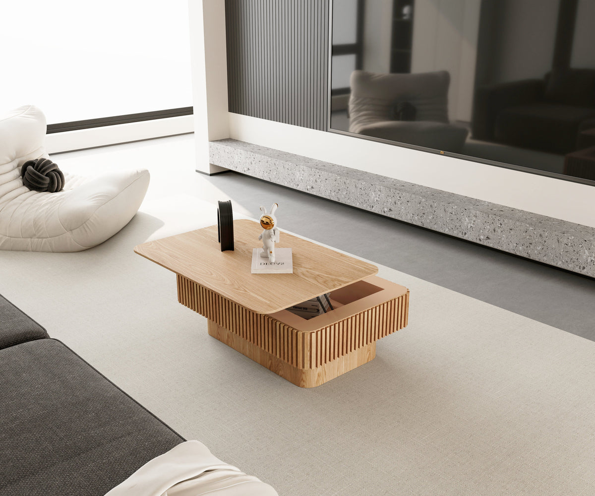 Fluted Lift-top Coffee Table Solid Wood Veneered Modern Coffee Table Accent Tea Table with Storage and Adjustable Height for Living Room, Bedroom, Apartment or Office - Sonkuki