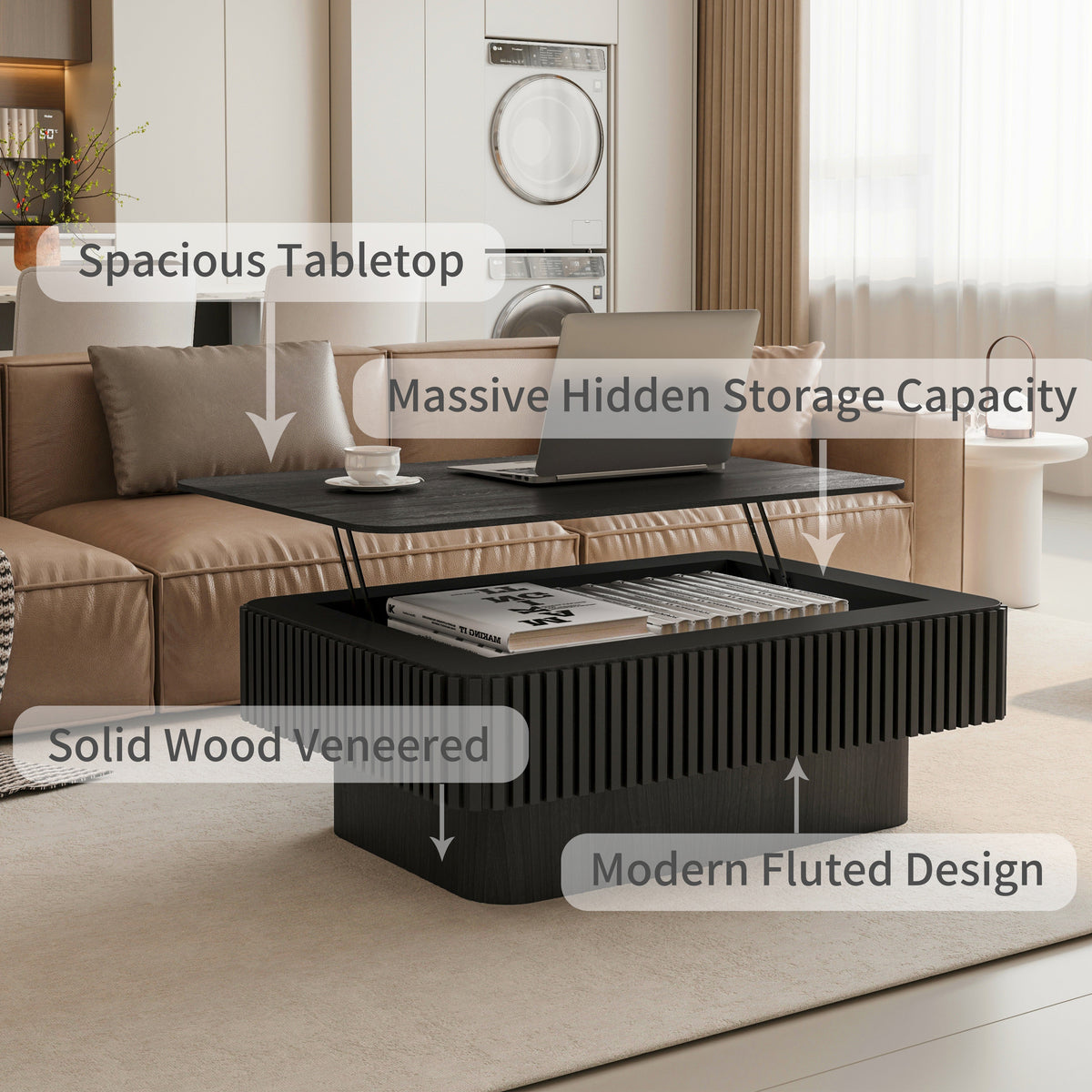 Fluted Lift-top Coffee Table Solid Wood Veneered Modern Coffee Table Accent Tea Table with Storage and Adjustable Height for Living Room, Bedroom, Apartment or Office - Sonkuki