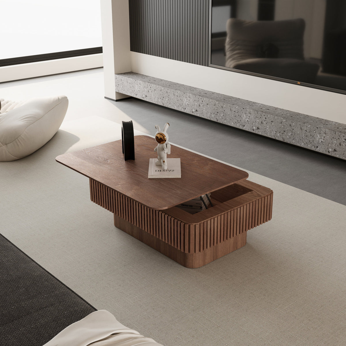 Fluted Lift-top Coffee Table Solid Wood Veneered Modern Coffee Table Accent Tea Table with Storage and Adjustable Height for Living Room, Bedroom, Apartment or Office - Sonkuki