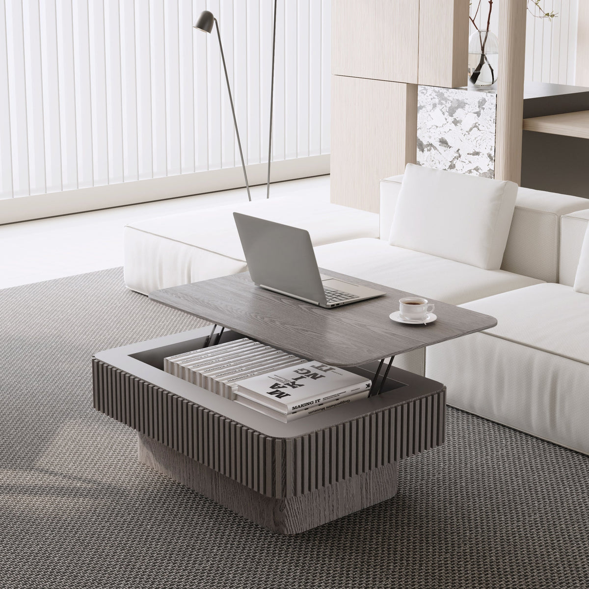 Fluted Lift-top Coffee Table Solid Wood Veneered Modern Coffee Table Accent Tea Table with Storage and Adjustable Height for Living Room, Bedroom, Apartment or Office - Sonkuki