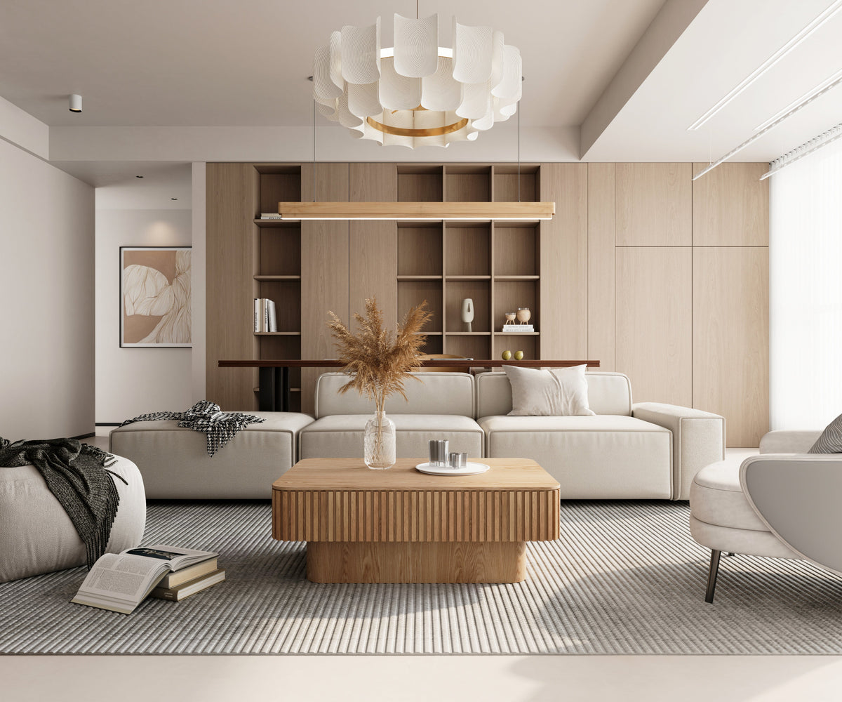 Fluted Lift-top Coffee Table Solid Wood Veneered Modern Coffee Table Accent Tea Table with Storage and Adjustable Height for Living Room, Bedroom, Apartment or Office - Sonkuki