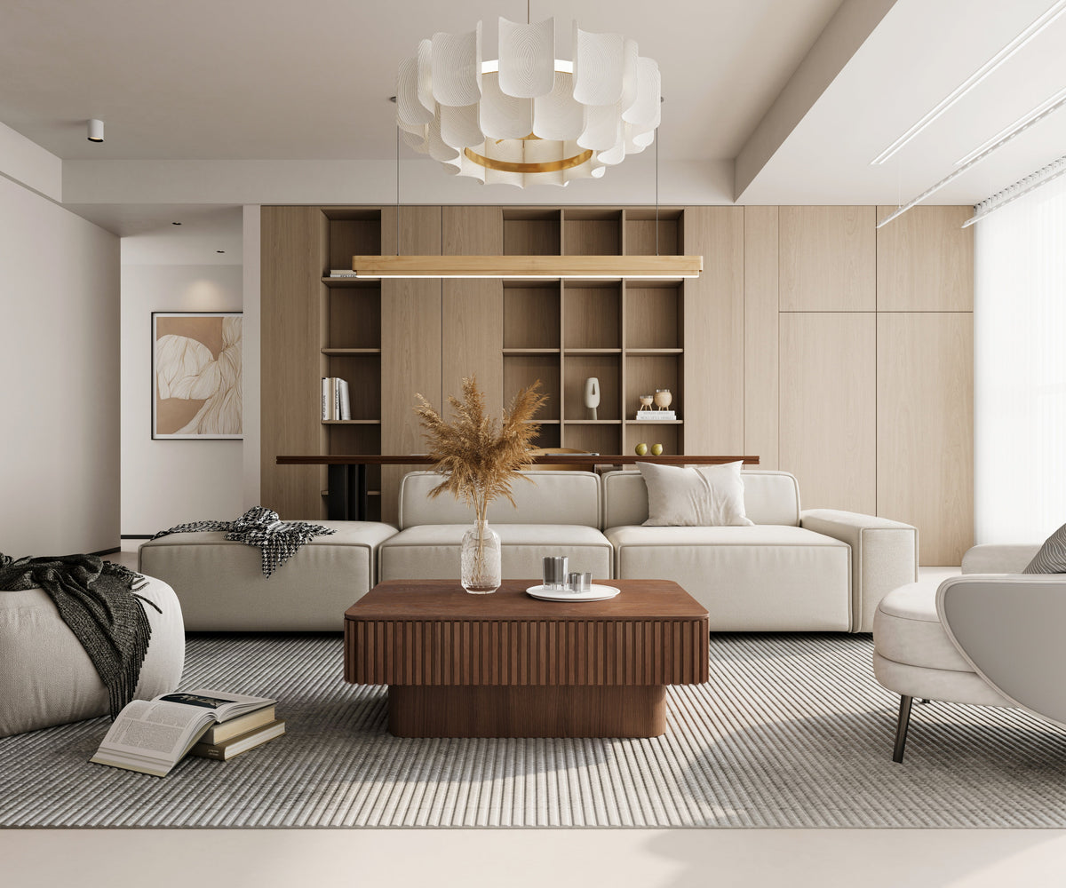 Fluted Lift-top Coffee Table Solid Wood Veneered Modern Coffee Table Accent Tea Table with Storage and Adjustable Height for Living Room, Bedroom, Apartment or Office - Sonkuki