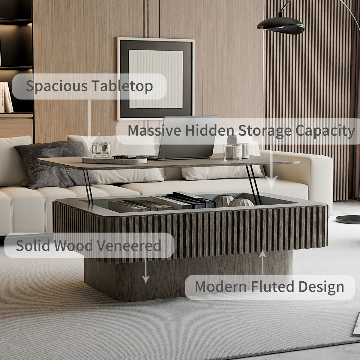Fluted Lift-top Coffee Table Solid Wood Veneered Modern Coffee Table Accent Tea Table with Storage and Adjustable Height for Living Room, Bedroom, Apartment or Office - Sonkuki