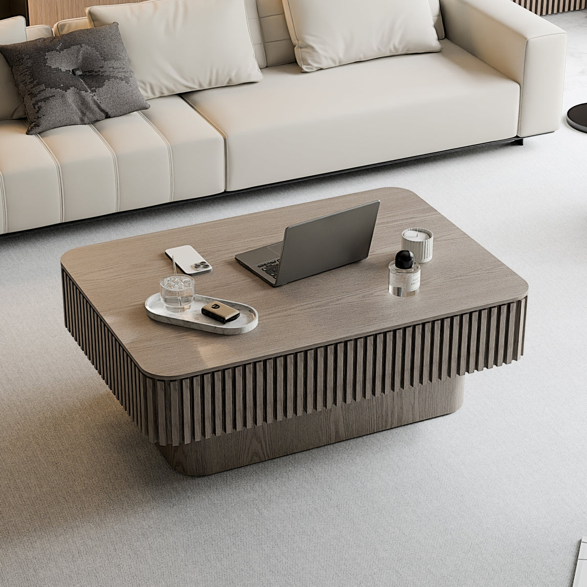 Fluted Lift-top Coffee Table Solid Wood Veneered Modern Coffee Table Accent Tea Table with Storage and Adjustable Height for Living Room, Bedroom, Apartment or Office - Sonkuki