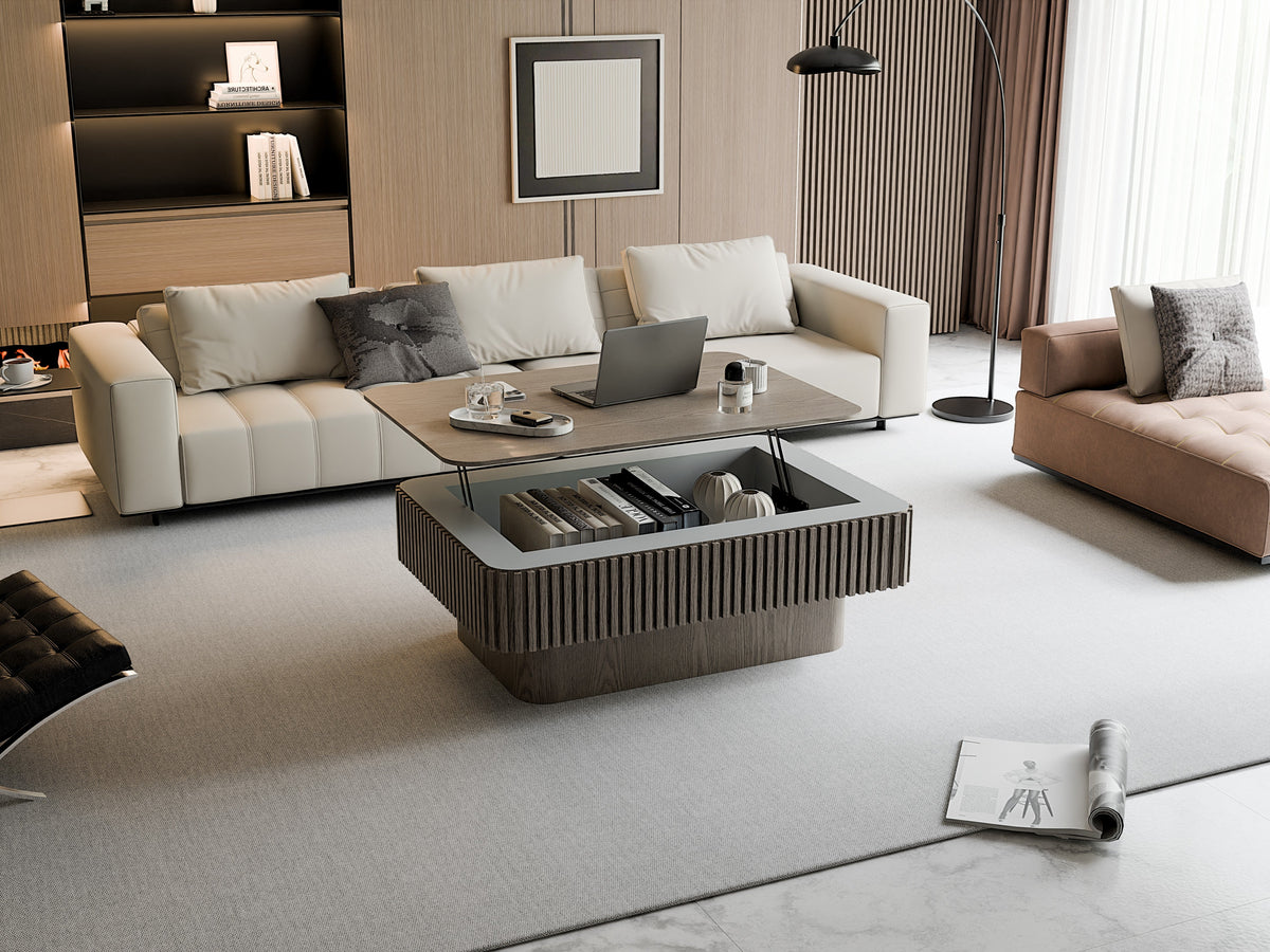 Fluted Lift-top Coffee Table Solid Wood Veneered Modern Coffee Table Accent Tea Table with Storage and Adjustable Height for Living Room, Bedroom, Apartment or Office - Sonkuki