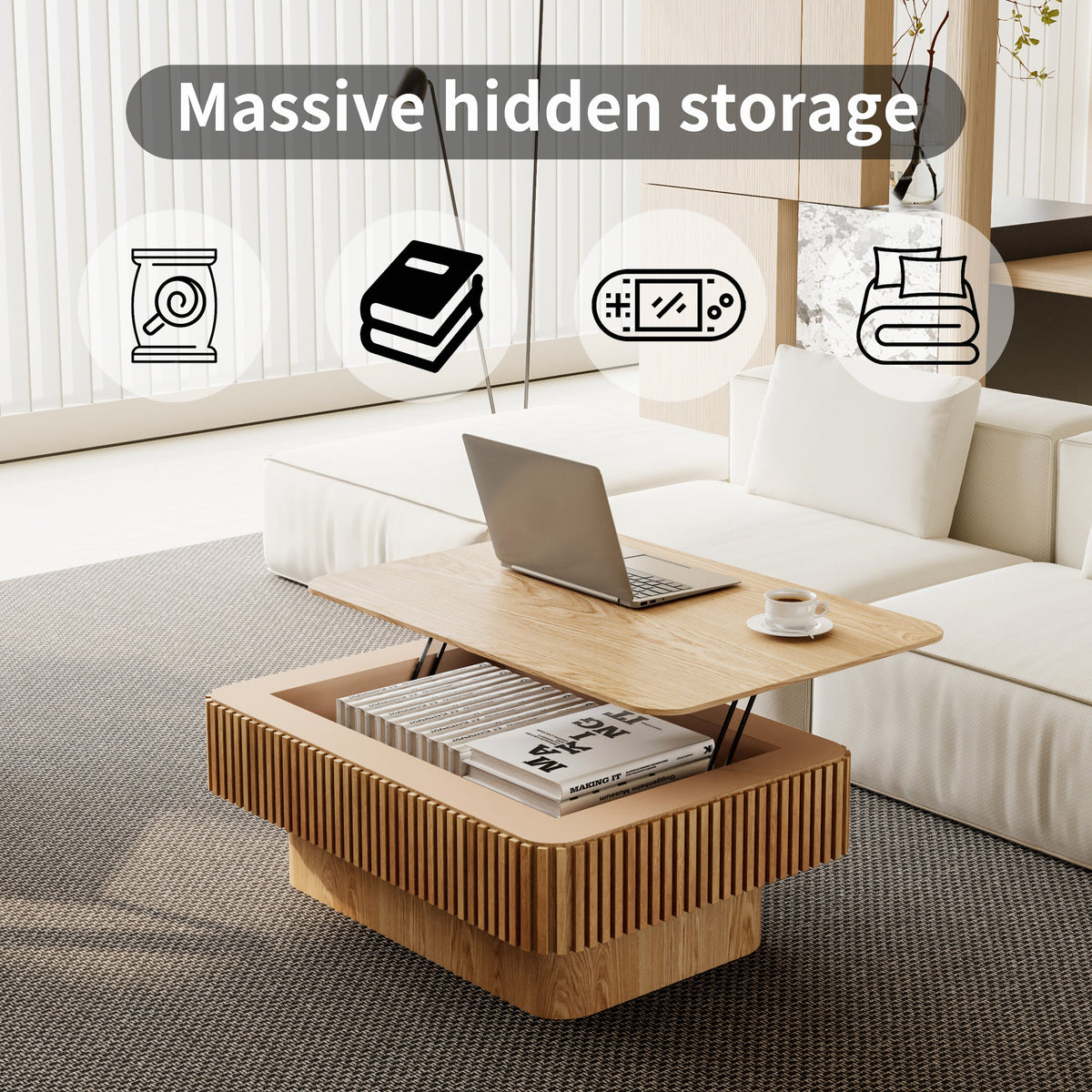 Fluted Lift-top Coffee Table Solid Wood Veneered Modern Coffee Table Accent Tea Table with Storage and Adjustable Height for Living Room, Bedroom, Apartment or Office - Sonkuki