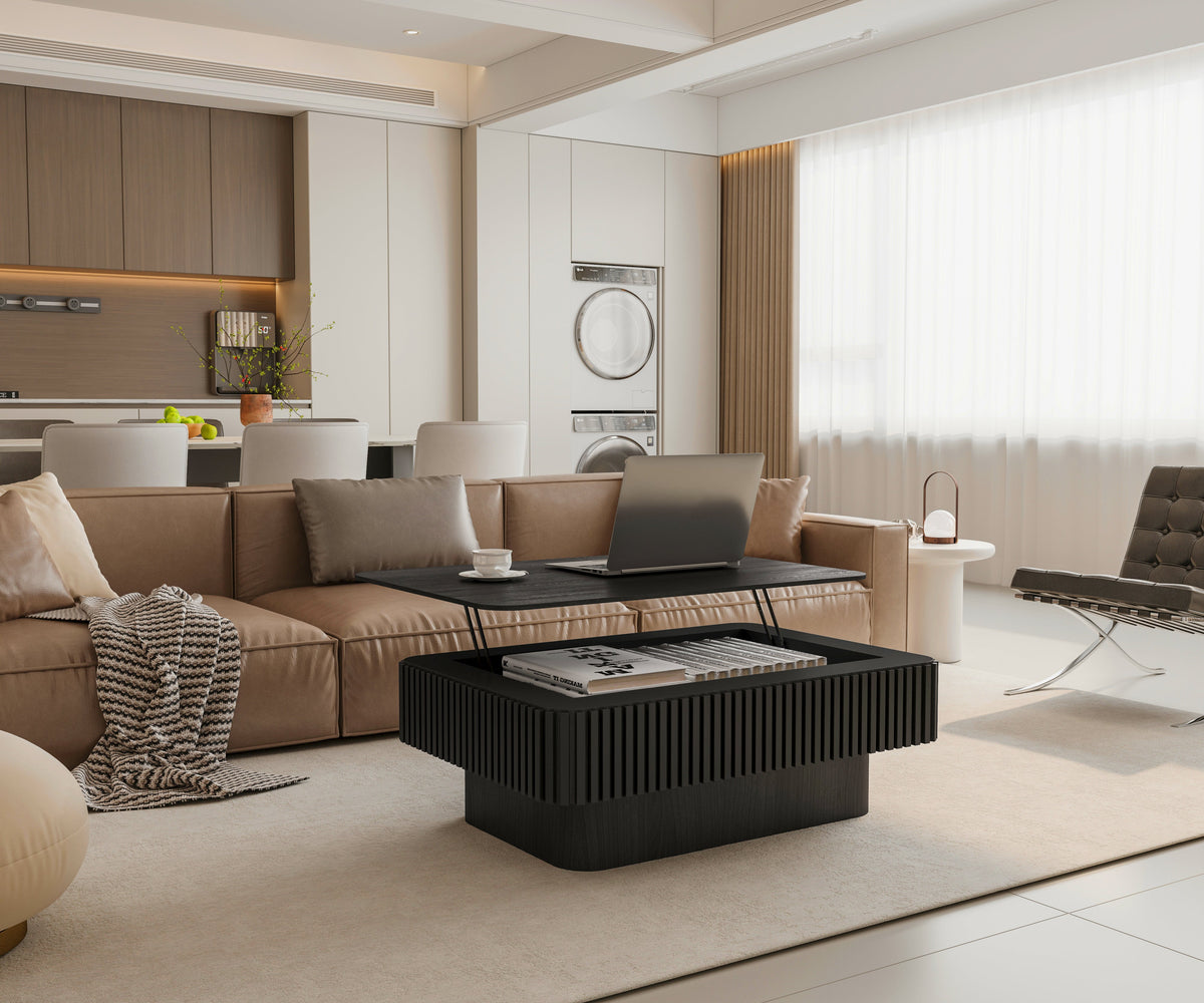 Fluted Lift-top Coffee Table Solid Wood Veneered Modern Coffee Table Accent Tea Table with Storage and Adjustable Height for Living Room, Bedroom, Apartment or Office - Sonkuki