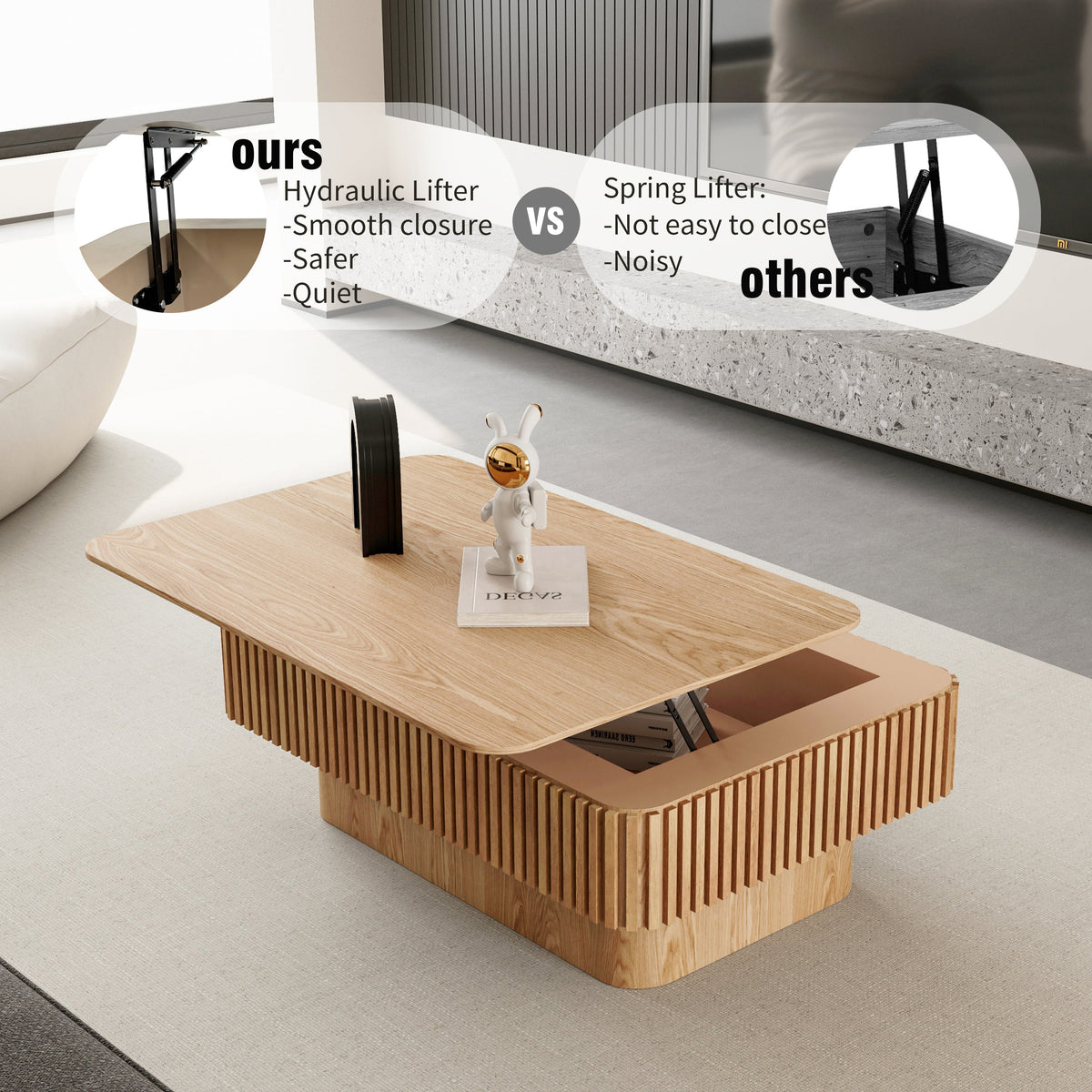 Fluted Lift-top Coffee Table Solid Wood Veneered Modern Coffee Table Accent Tea Table with Storage and Adjustable Height for Living Room, Bedroom, Apartment or Office - Sonkuki