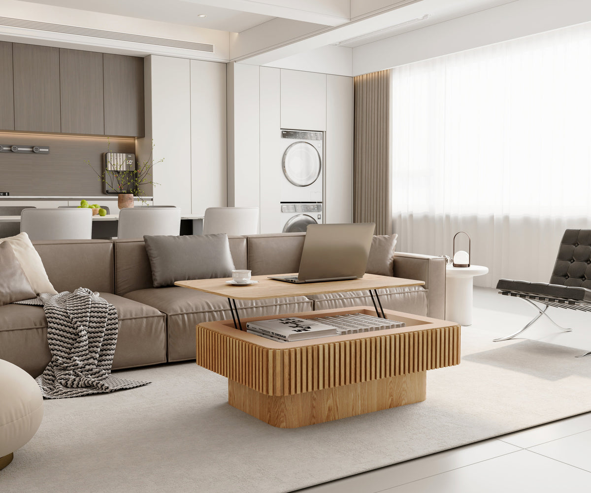 Fluted Lift-top Coffee Table Solid Wood Veneered Modern Coffee Table Accent Tea Table with Storage and Adjustable Height for Living Room, Bedroom, Apartment or Office - Sonkuki