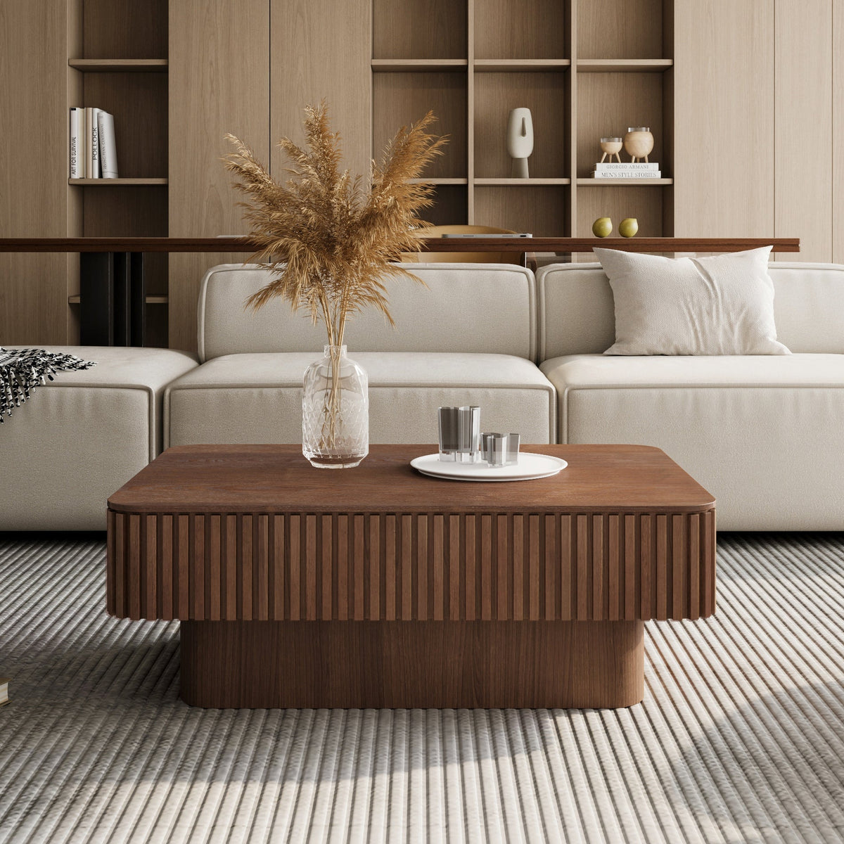 Fluted Lift-top Coffee Table Solid Wood Veneered Modern Coffee Table Accent Tea Table with Storage and Adjustable Height for Living Room, Bedroom, Apartment or Office - Sonkuki