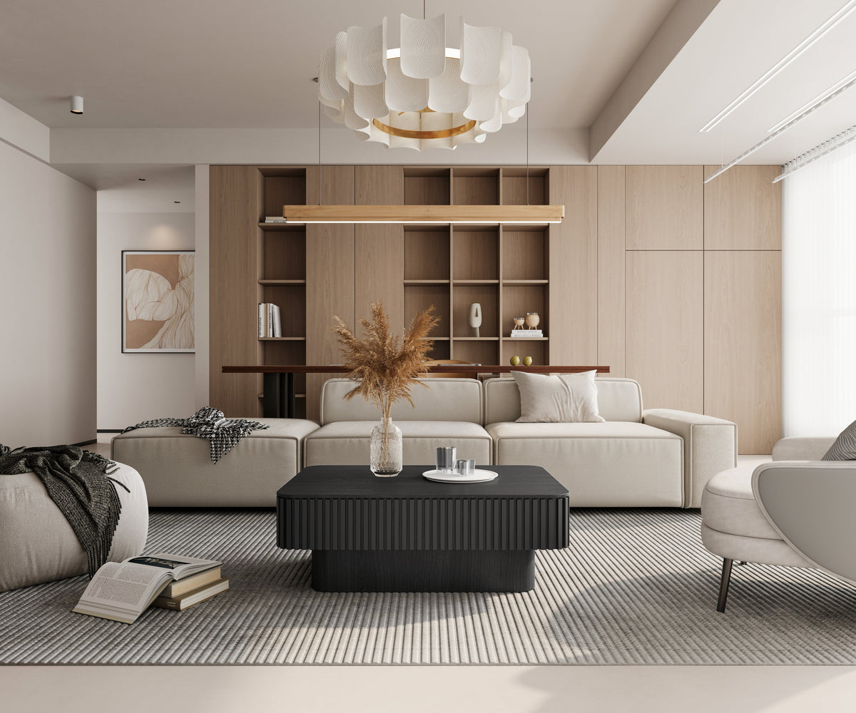 Fluted Lift-top Coffee Table Solid Wood Veneered Modern Coffee Table Accent Tea Table with Storage and Adjustable Height for Living Room, Bedroom, Apartment or Office - Sonkuki
