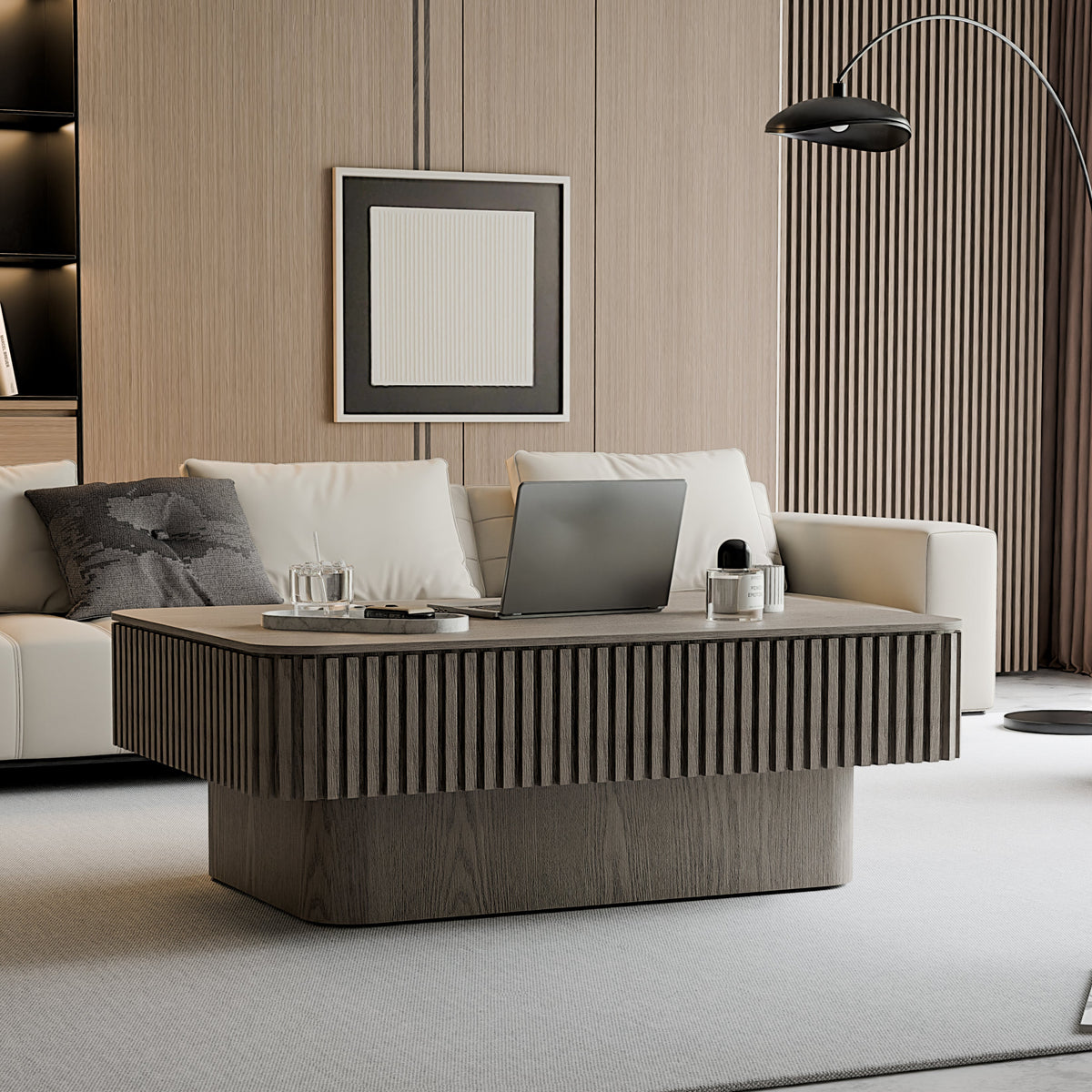 Fluted Lift-top Coffee Table Solid Wood Veneered Modern Coffee Table Accent Tea Table with Storage and Adjustable Height for Living Room, Bedroom, Apartment or Office - Sonkuki