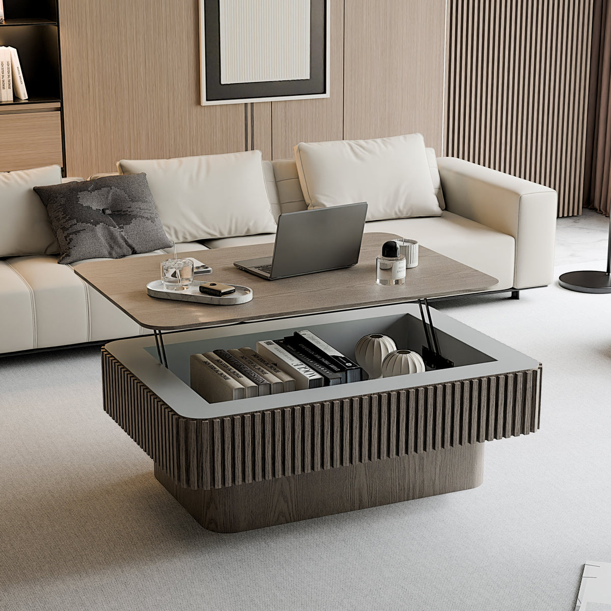 Fluted Lift-top Coffee Table Solid Wood Veneered Modern Coffee Table Accent Tea Table with Storage and Adjustable Height for Living Room, Bedroom, Apartment or Office - Sonkuki