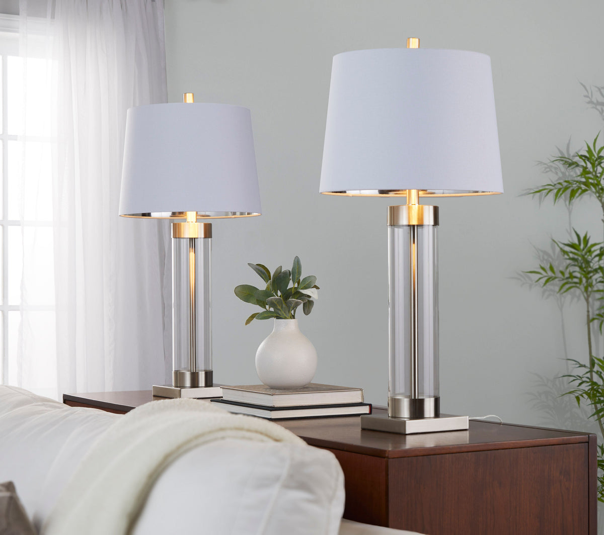 Glacier 30" Contemporary Glass Table Lamp in Clear Glass and Brushed Nickel with White Linen Shade from Grandview Gallery by LumiSource - Set of 2 - Sonkuki