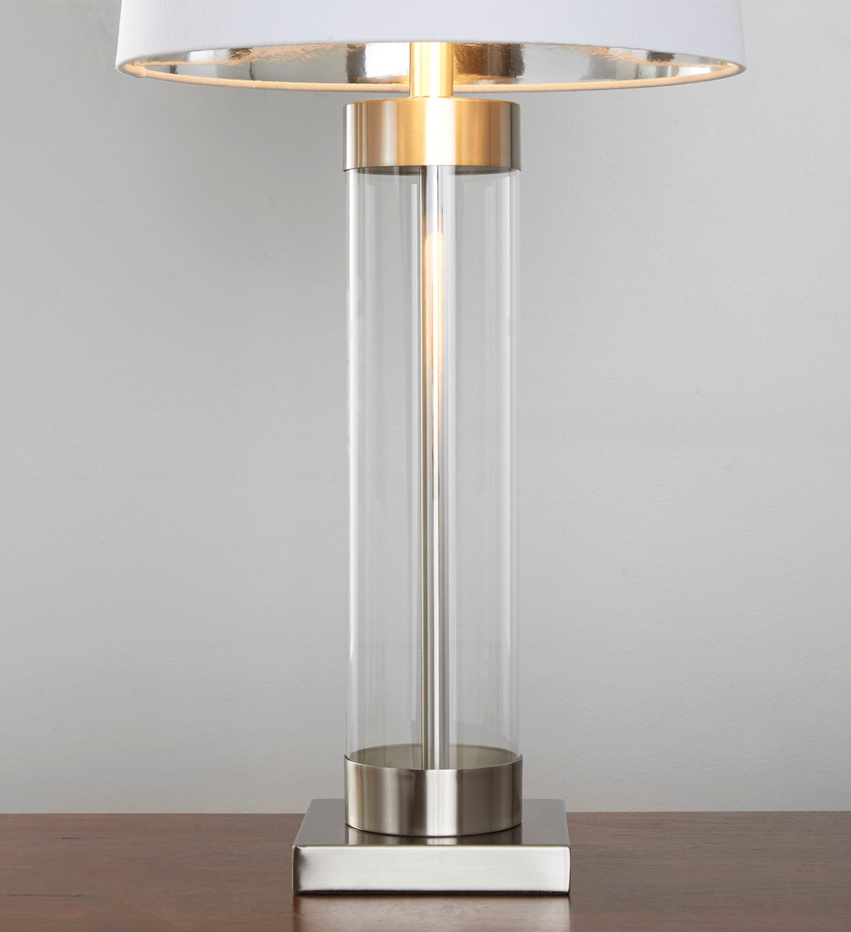 Glacier 30" Contemporary Glass Table Lamp in Clear Glass and Brushed Nickel with White Linen Shade from Grandview Gallery by LumiSource - Set of 2 - Sonkuki
