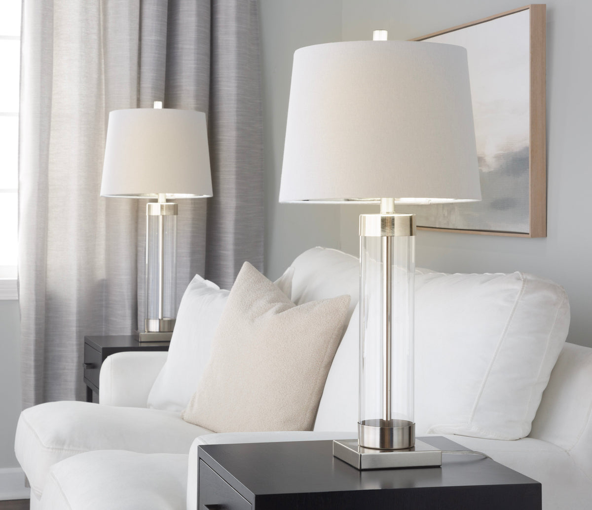Glacier 30" Contemporary Glass Table Lamp in Clear Glass and Brushed Nickel with White Linen Shade from Grandview Gallery by LumiSource - Set of 2 - Sonkuki
