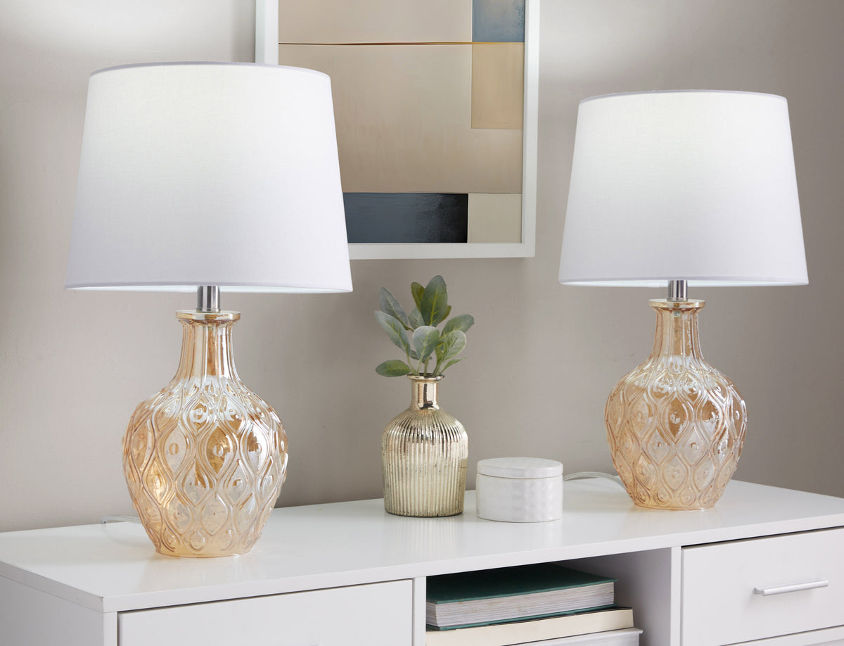 Gloria Round 20" Contemporary Glass Accent Lamp in Clear Champagne Lustre Glass, Chrome Metal and White Linen Shade from Grandview Gallery by LumiSource - Set of 2 - Sonkuki