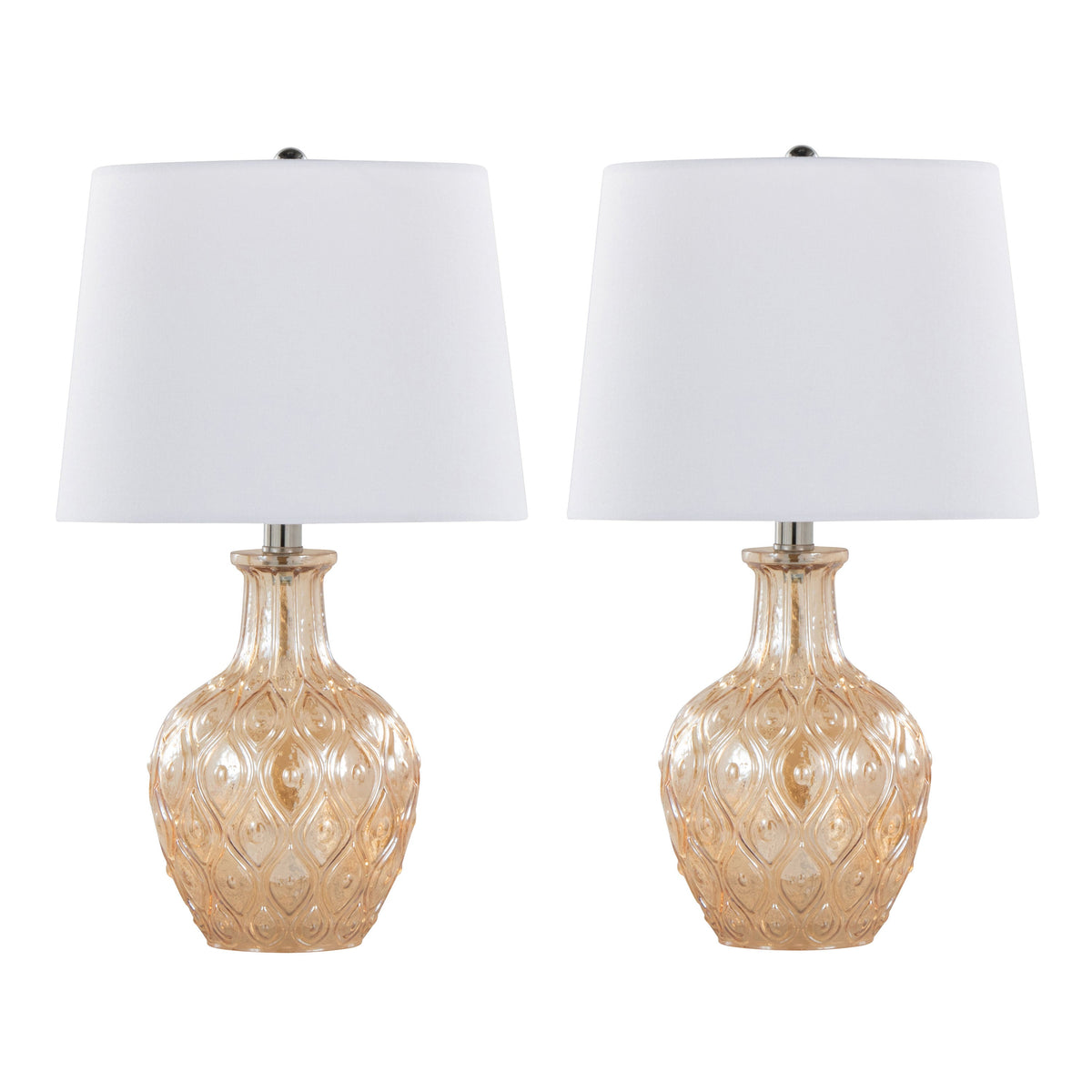 Gloria Round 20" Contemporary Glass Accent Lamp in Clear Champagne Lustre Glass, Chrome Metal and White Linen Shade from Grandview Gallery by LumiSource - Set of 2 - Sonkuki