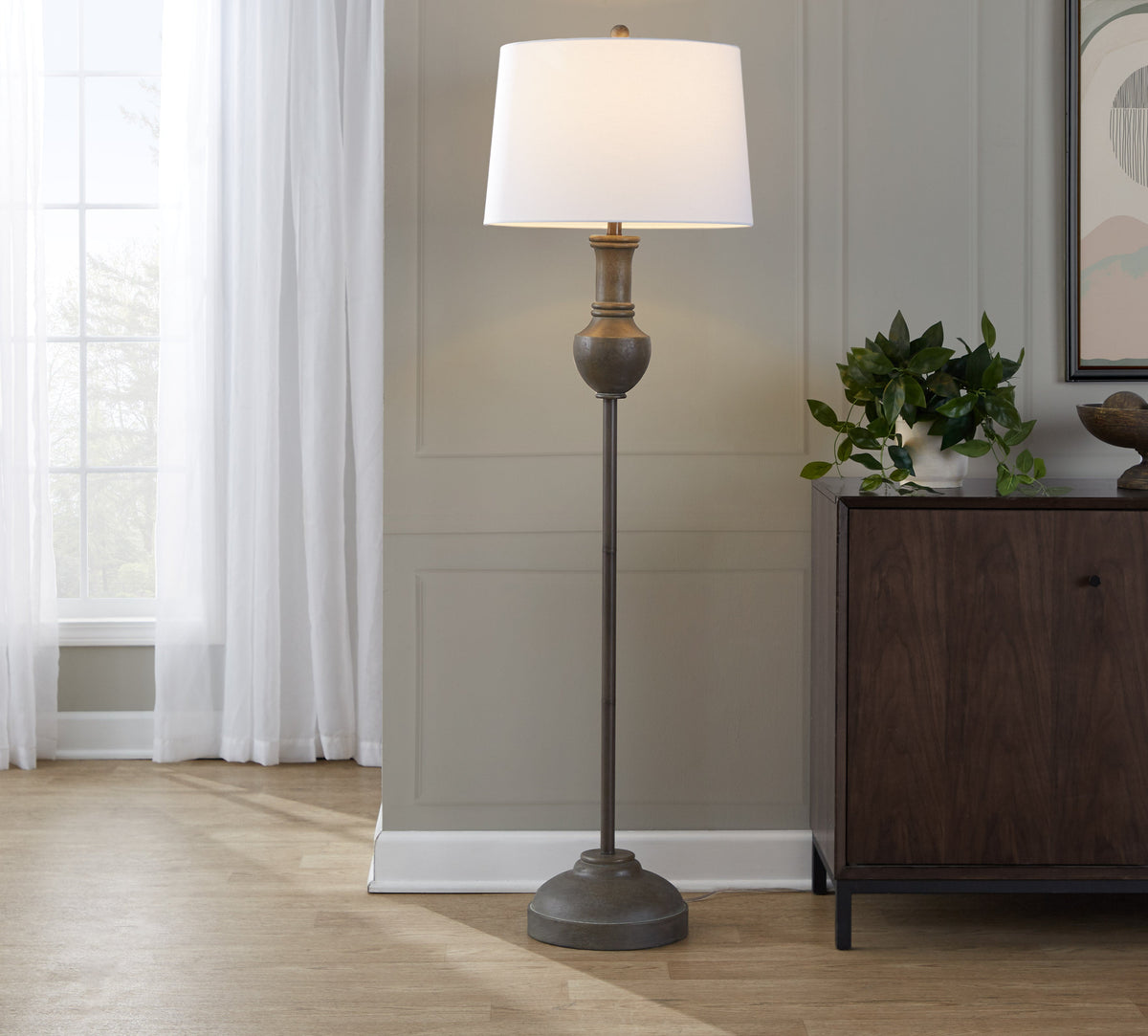 Griffin 61" Contemporary Polyresin Floor Lamp in Acid Griffin Wood Finish and White Linen Shade from Grandview Gallery by LumiSource - Sonkuki