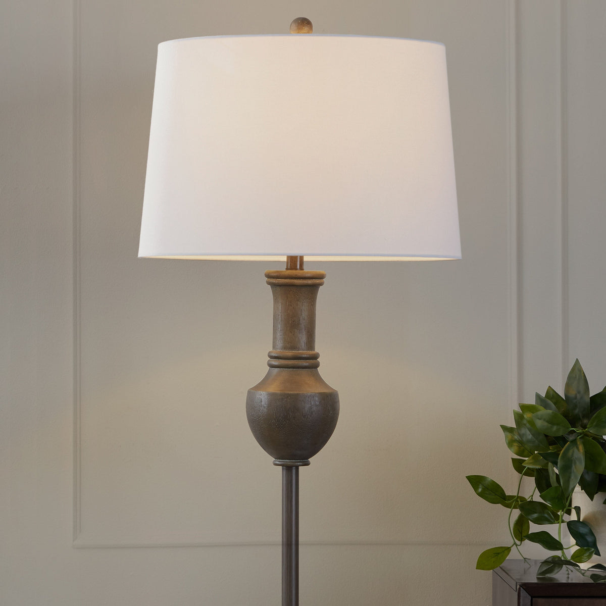 Griffin 61" Contemporary Polyresin Floor Lamp in Acid Griffin Wood Finish and White Linen Shade from Grandview Gallery by LumiSource - Sonkuki