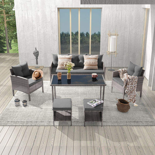 SONKUKI Patio Outdoor Furniture Set Rattan Conversation Sofa Set Thickening Cushions With 3-Seater and Table for Lawn, Poolside.