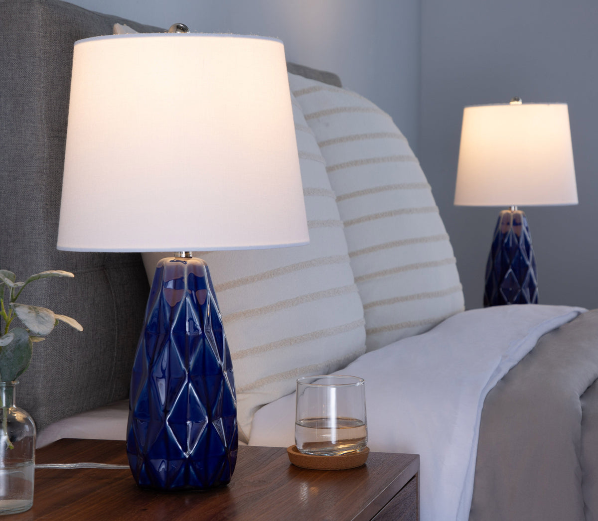 Hex 20" Contemporary Ceramic Accent Lamp in Estate Blue Ceramic, Polished Nickel and White Linen Shade from Grandview Gallery by LumiSource - Set of 2 - Sonkuki
