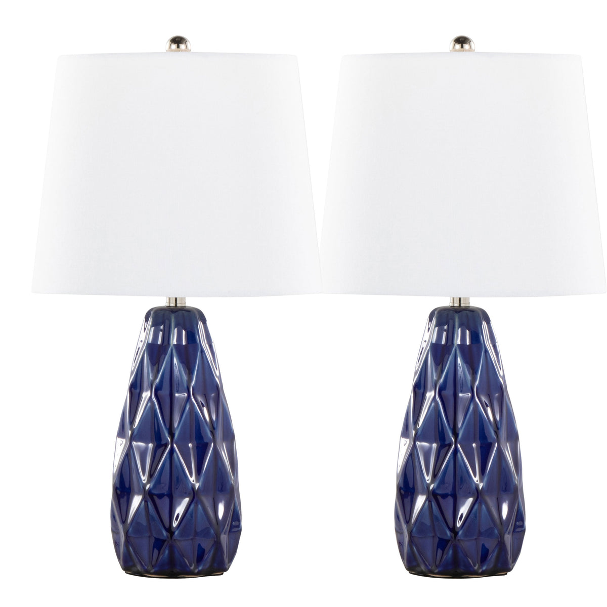 Hex 20" Contemporary Ceramic Accent Lamp in Estate Blue Ceramic, Polished Nickel and White Linen Shade from Grandview Gallery by LumiSource - Set of 2 - Sonkuki