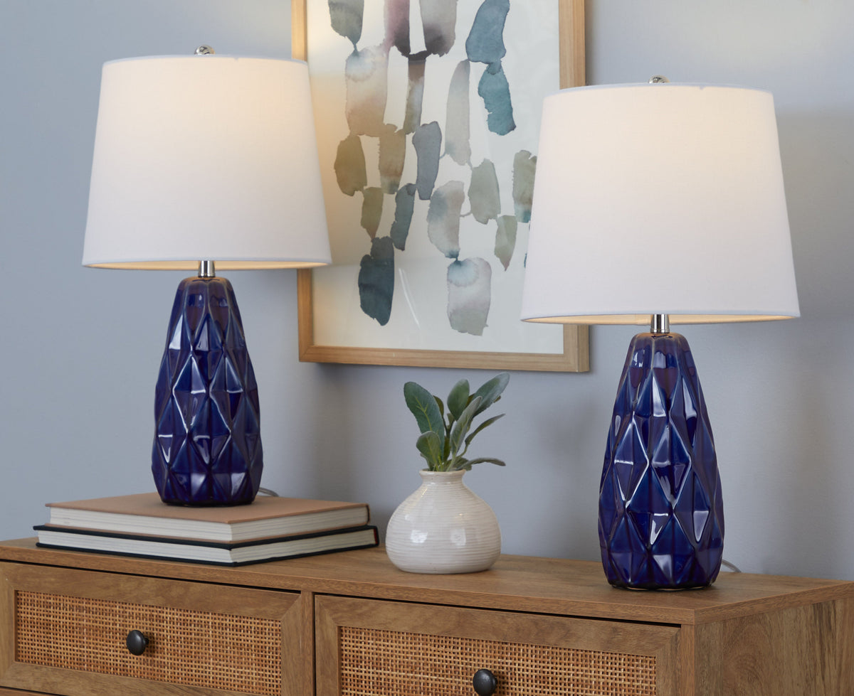 Hex 20" Contemporary Ceramic Accent Lamp in Estate Blue Ceramic, Polished Nickel and White Linen Shade from Grandview Gallery by LumiSource - Set of 2 - Sonkuki