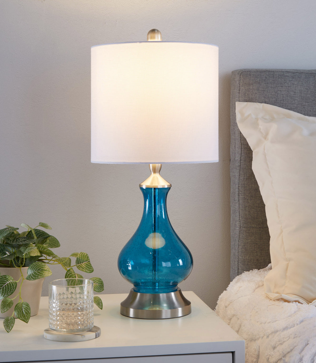 Jasmine 22" Contemporary Glass Accent Lamp in Clear Sapphire Blue Seeded Glass, Brushed Nickel and White Linen Shade from Grandview Gallery by LumiSource - Sonkuki