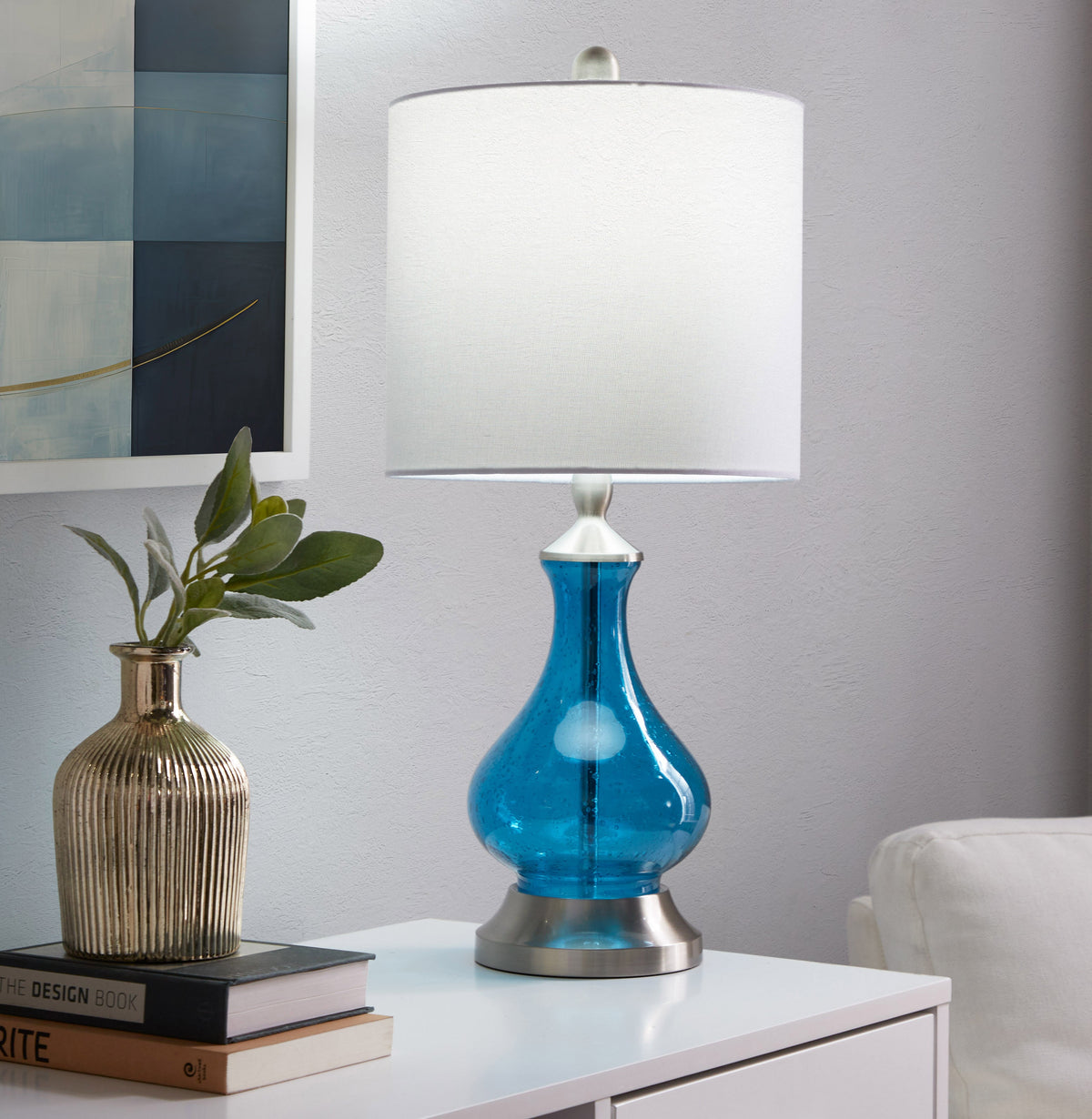 Jasmine 22" Contemporary Glass Accent Lamp in Clear Sapphire Blue Seeded Glass, Brushed Nickel and White Linen Shade from Grandview Gallery by LumiSource - Sonkuki