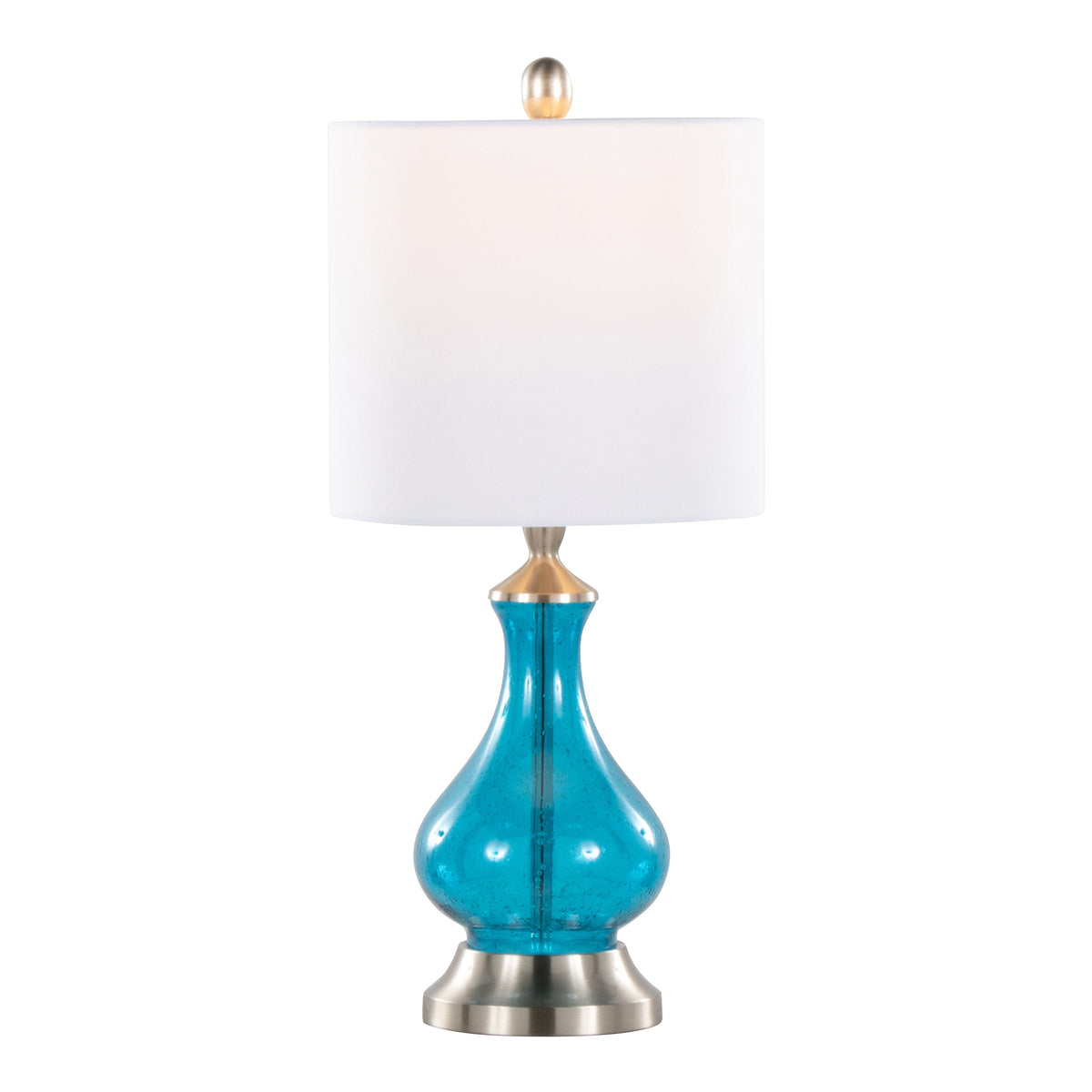 Jasmine 22" Contemporary Glass Accent Lamp in Clear Sapphire Blue Seeded Glass, Brushed Nickel and White Linen Shade from Grandview Gallery by LumiSource - Sonkuki