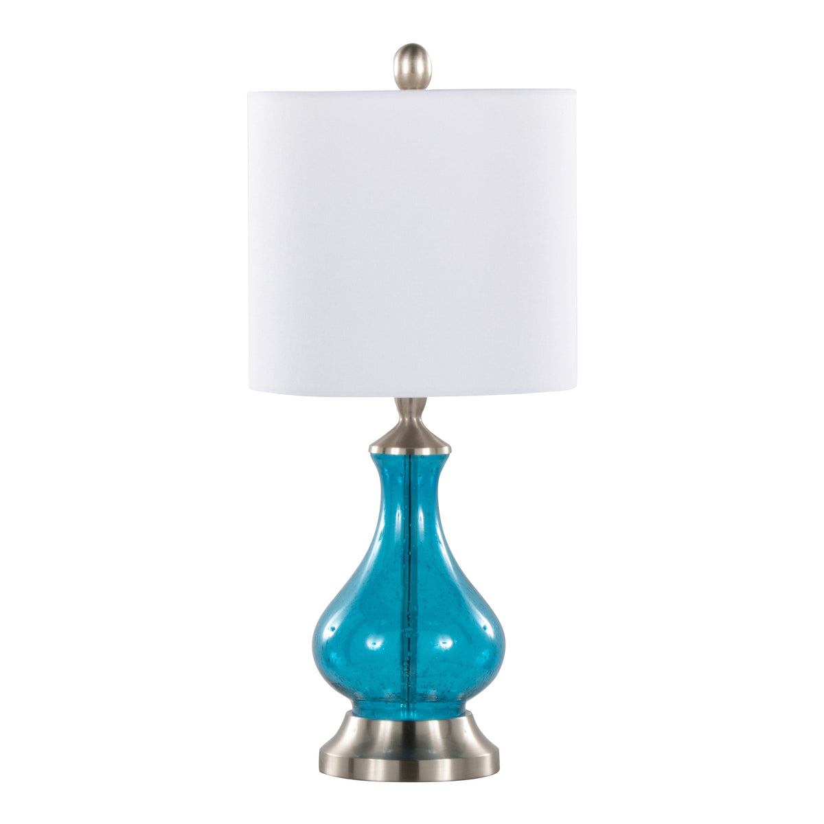 Jasmine 22" Contemporary Glass Accent Lamp in Clear Sapphire Blue Seeded Glass, Brushed Nickel and White Linen Shade from Grandview Gallery by LumiSource - Sonkuki