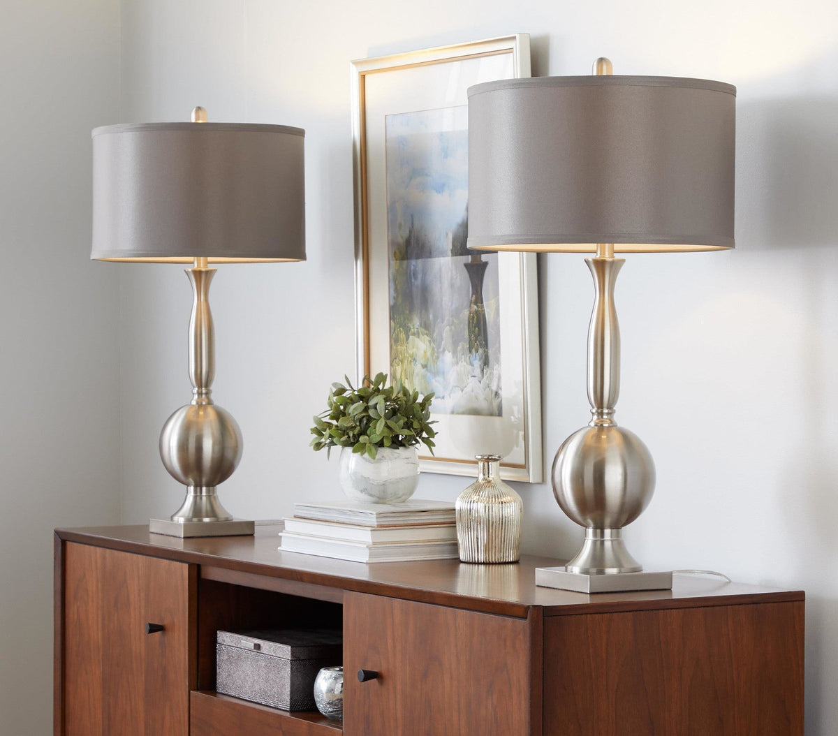 Joan 30" Contemporary Metal Table Lamp in Brushed Nickel with Grey Satin Shade from Grandview Gallery by LumiSource - Set of 2 - Sonkuki