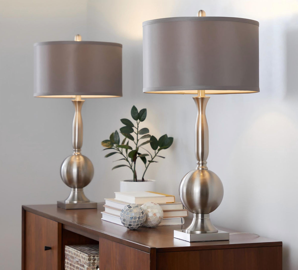 Joan 30" Contemporary Metal Table Lamp in Brushed Nickel with Grey Satin Shade from Grandview Gallery by LumiSource - Set of 2 - Sonkuki
