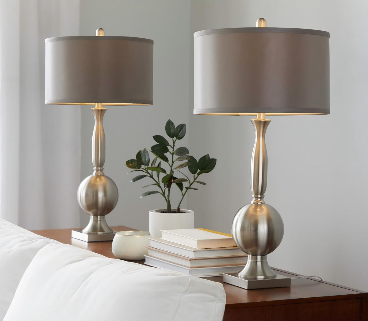 Joan 30" Contemporary Metal Table Lamp in Brushed Nickel with Grey Satin Shade from Grandview Gallery by LumiSource - Set of 2 - Sonkuki