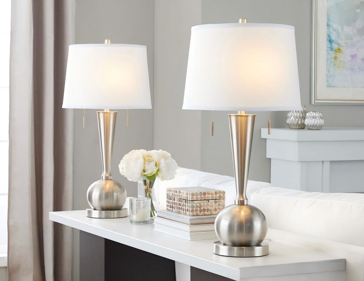 Jules 30" Contemporary Metal Table Lamp in Brushed Nickel with White Linen Shade and Built-In USB Port from Grandview Gallery by LumiSource - Set of 2 - Sonkuki