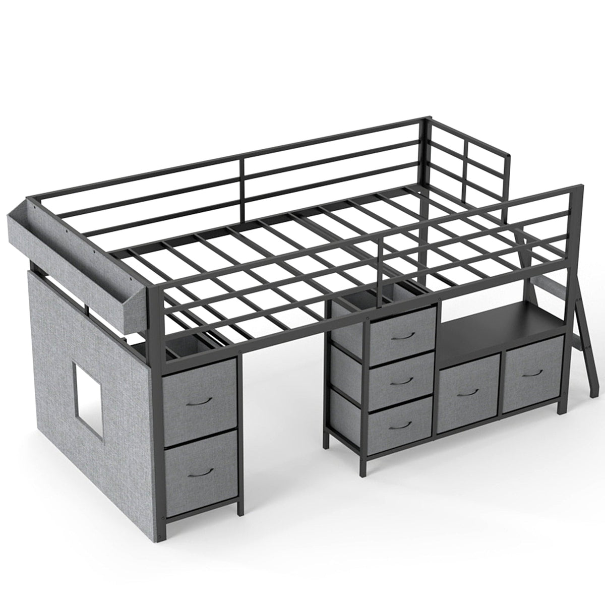 Kids Twin Low Loft Bed with Seven Drawers, Bookcase, RGB LED Lights and Under-Bed Play Area - Sonkuki