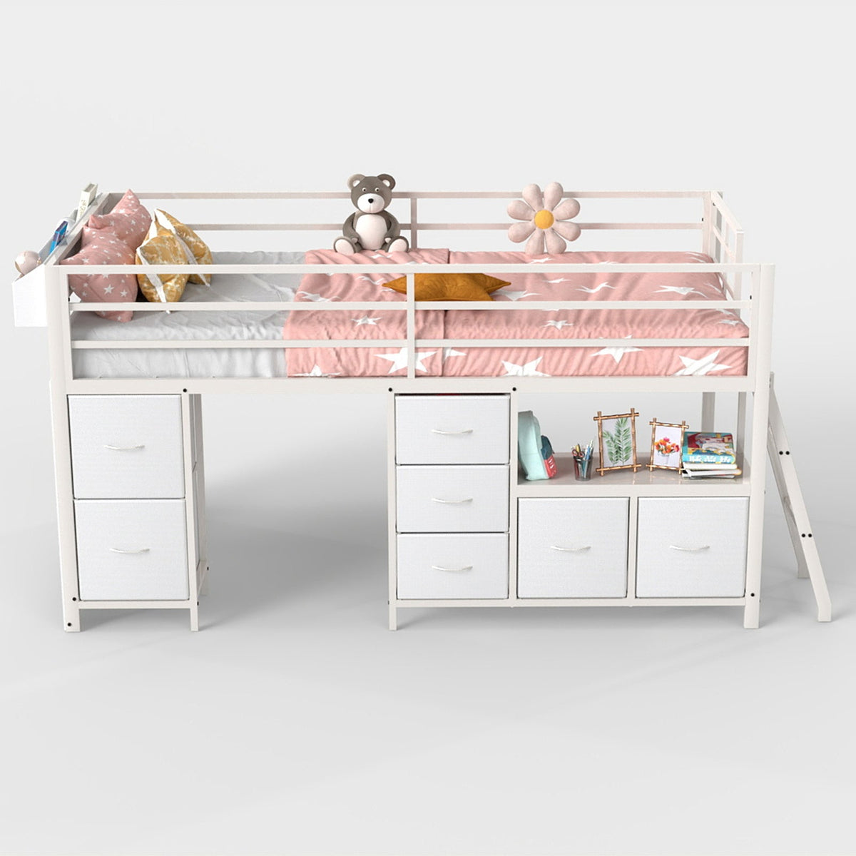 Kids Twin Low Loft Bed with Seven Drawers, Bookcase, RGB LED Lights and Under-Bed Play Area - Sonkuki