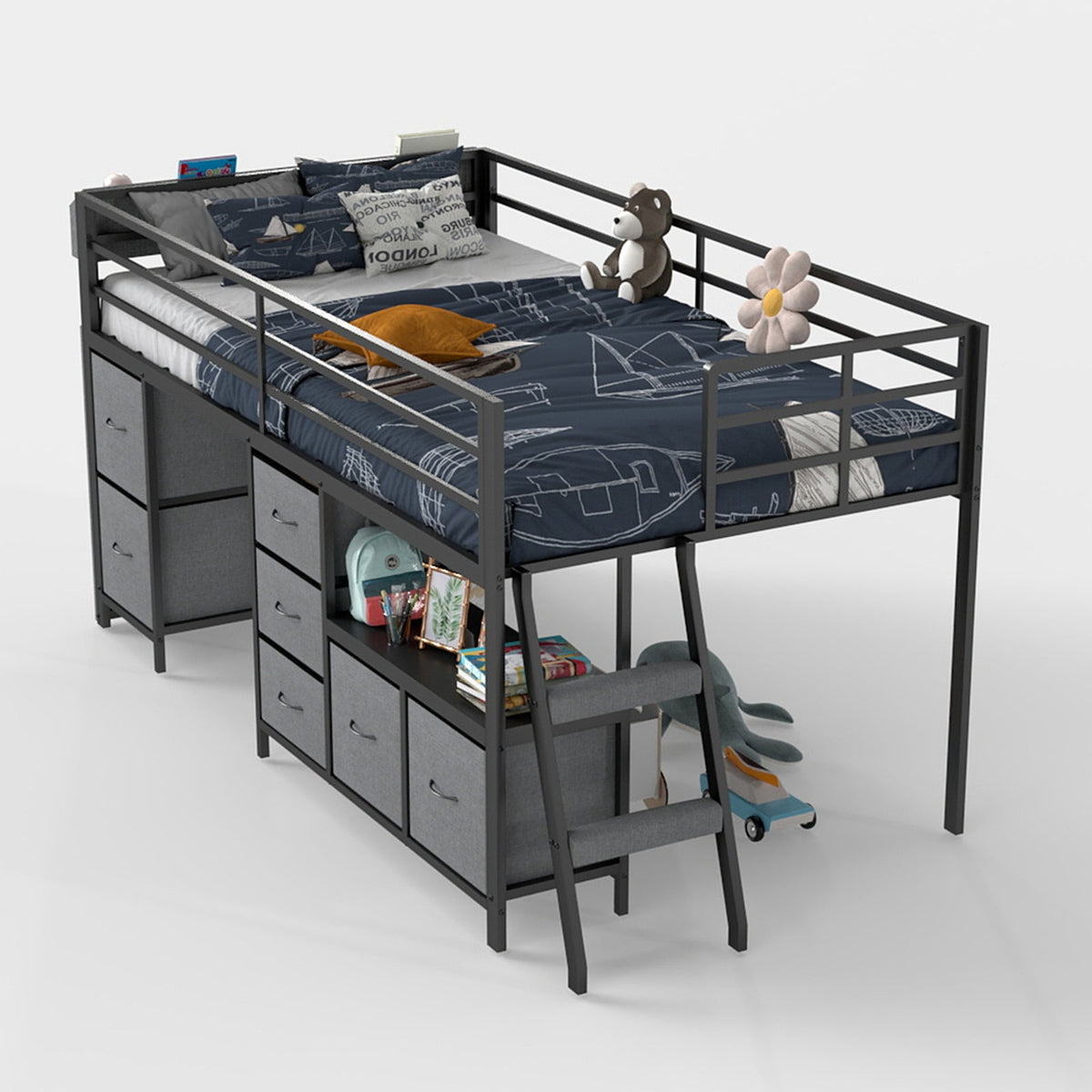 Kids Twin Low Loft Bed with Seven Drawers, Bookcase, RGB LED Lights and Under-Bed Play Area - Sonkuki