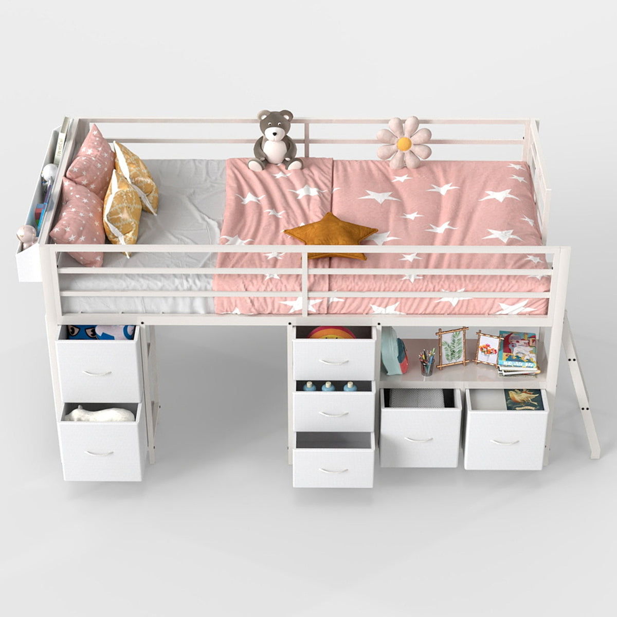 Kids Twin Low Loft Bed with Seven Drawers, Bookcase, RGB LED Lights and Under-Bed Play Area - Sonkuki
