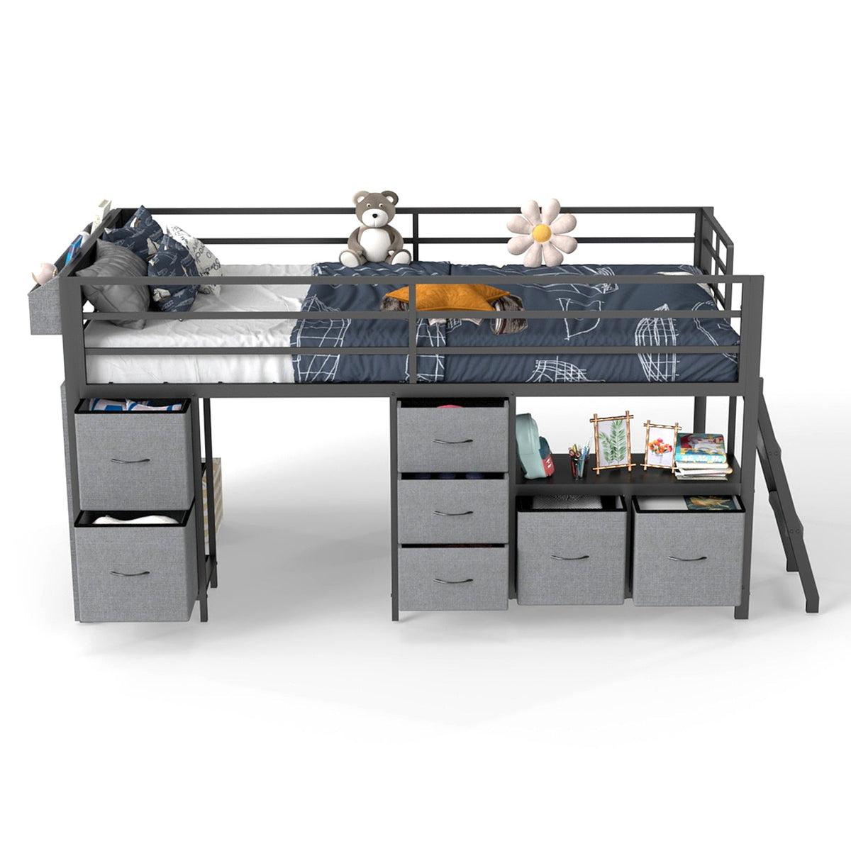 Kids Twin Low Loft Bed with Seven Drawers, Bookcase, RGB LED Lights and Under-Bed Play Area - Sonkuki