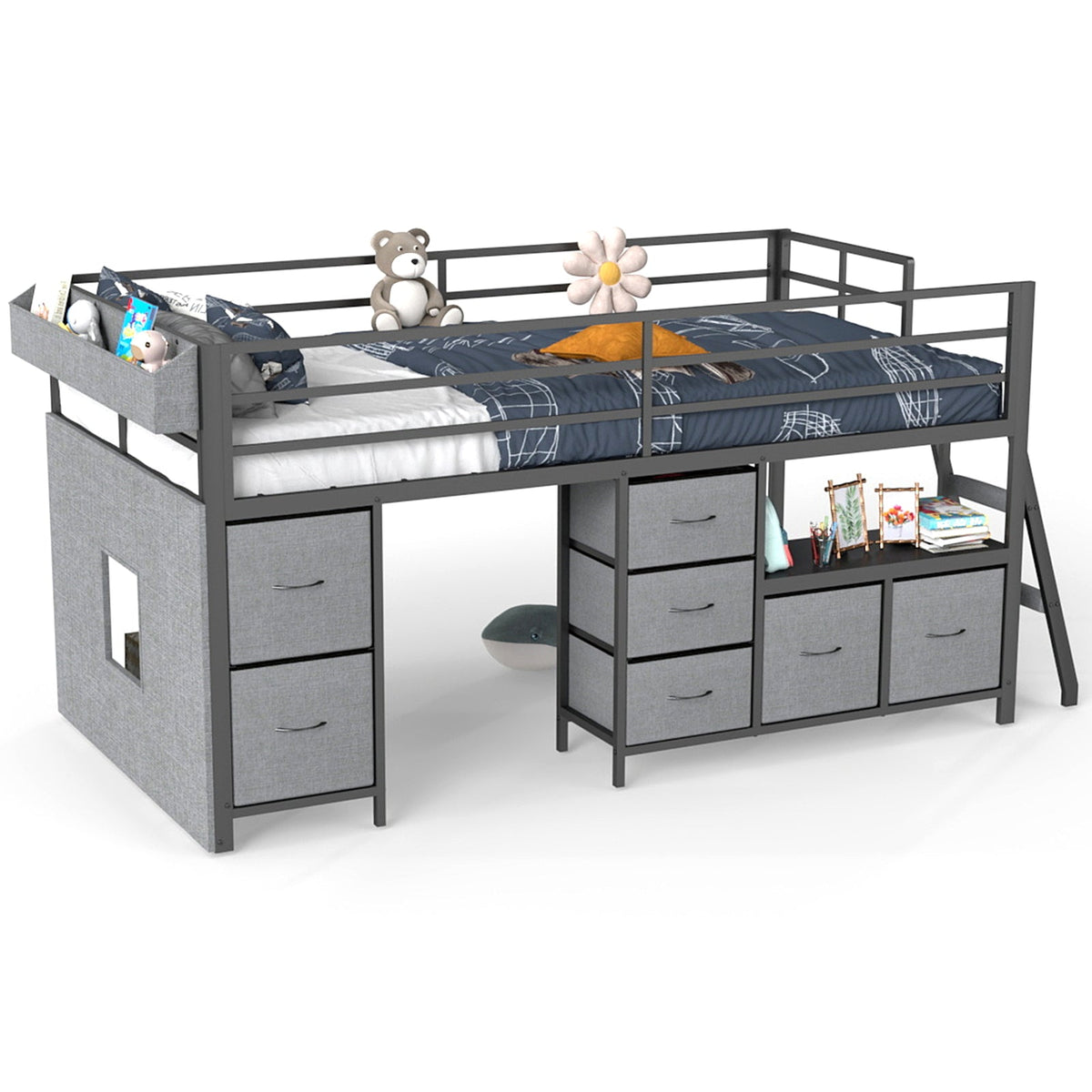 Kids Twin Low Loft Bed with Seven Drawers, Bookcase, RGB LED Lights and Under-Bed Play Area - Sonkuki