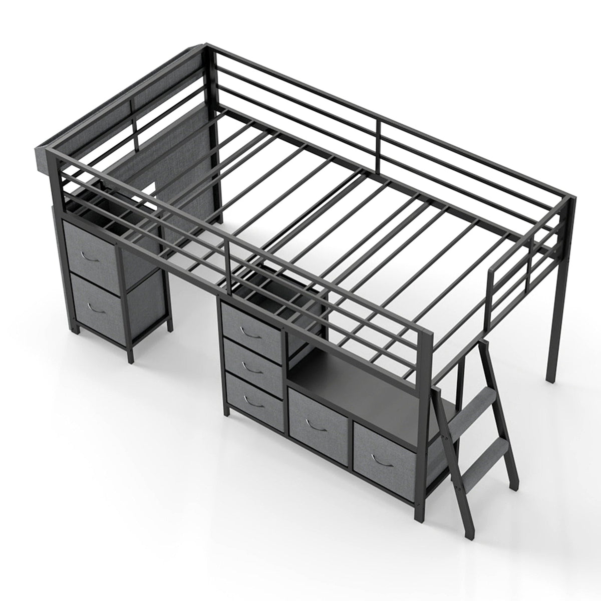 Kids Twin Low Loft Bed with Seven Drawers, Bookcase, RGB LED Lights and Under-Bed Play Area - Sonkuki