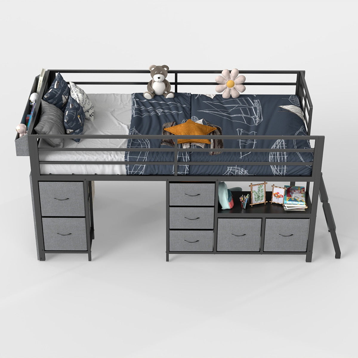 Kids Twin Low Loft Bed with Seven Drawers, Bookcase, RGB LED Lights and Under-Bed Play Area - Sonkuki