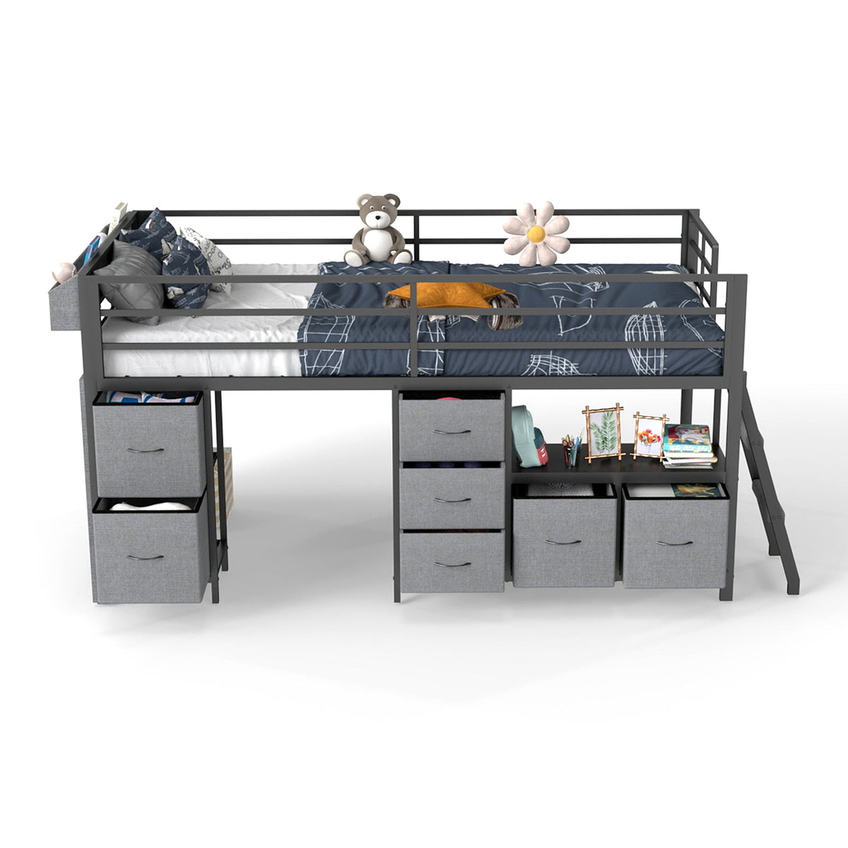 Kids Twin Low Loft Bed with Seven Drawers, Bookcase, RGB LED Lights and Under-Bed Play Area - Sonkuki