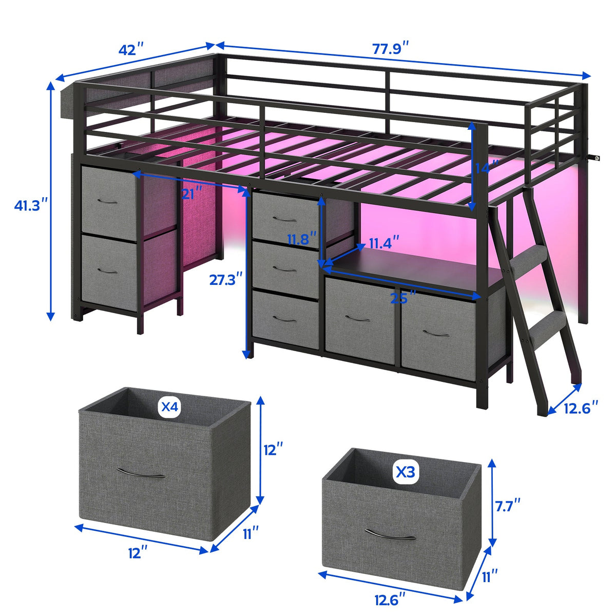 Kids Twin Low Loft Bed with Seven Drawers, Bookcase, RGB LED Lights and Under-Bed Play Area - Sonkuki
