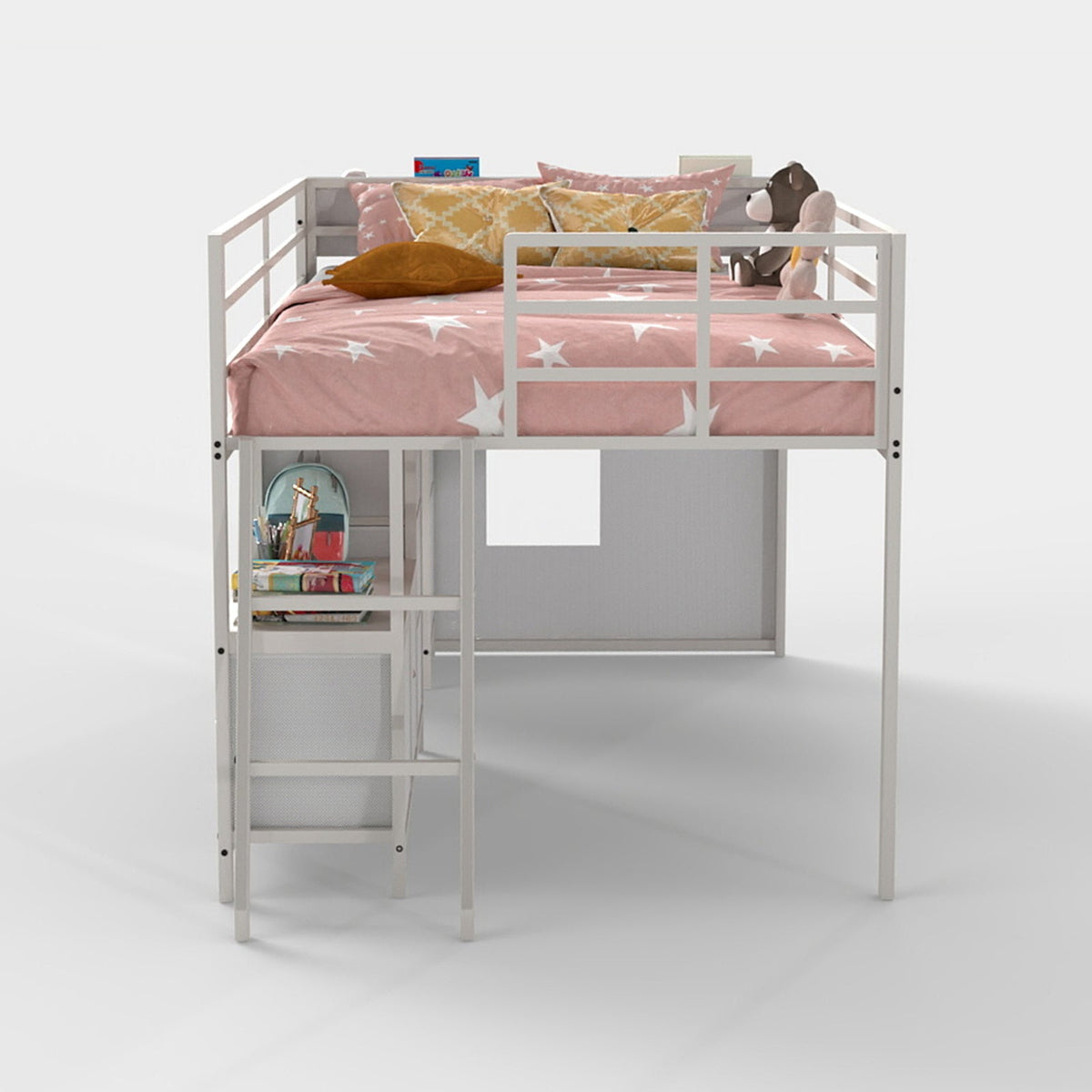 Kids Twin Low Loft Bed with Seven Drawers, Bookcase, RGB LED Lights and Under-Bed Play Area - Sonkuki