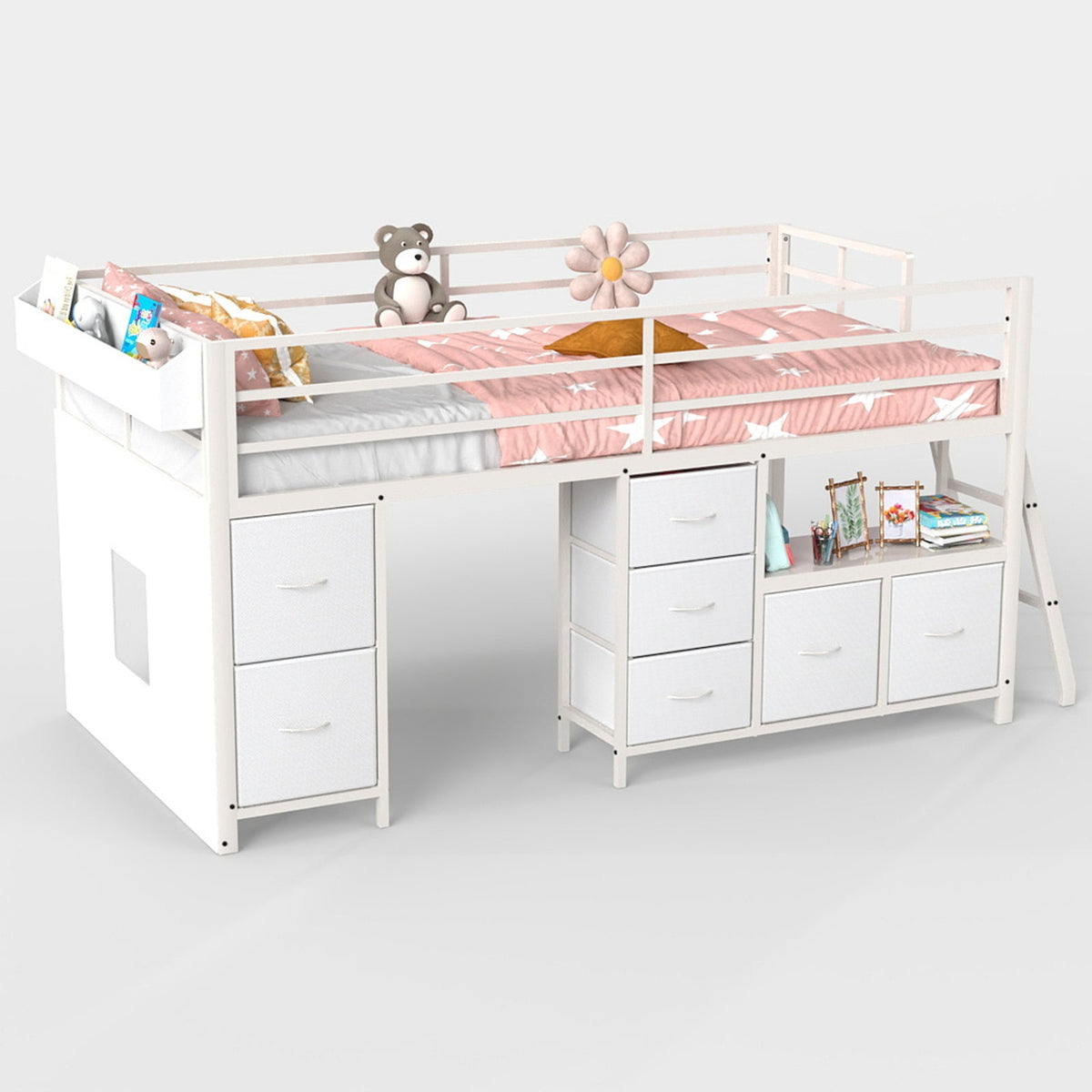 Kids Twin Low Loft Bed with Seven Drawers, Bookcase, RGB LED Lights and Under-Bed Play Area - Sonkuki